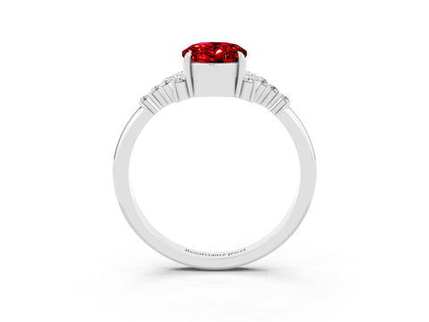 White gold Oval Cut Ruby Ring with Side Stones and Four-Prong Setting_114