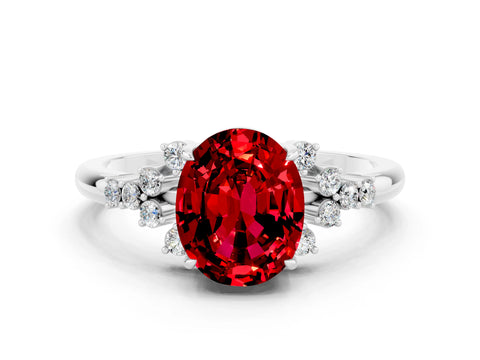 White gold Oval Cut Ruby Ring with Side Stones and Four-Prong Setting_119
