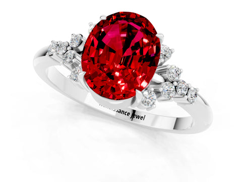 White gold Oval Cut Ruby Ring with Side Stones and Four-Prong Setting_120