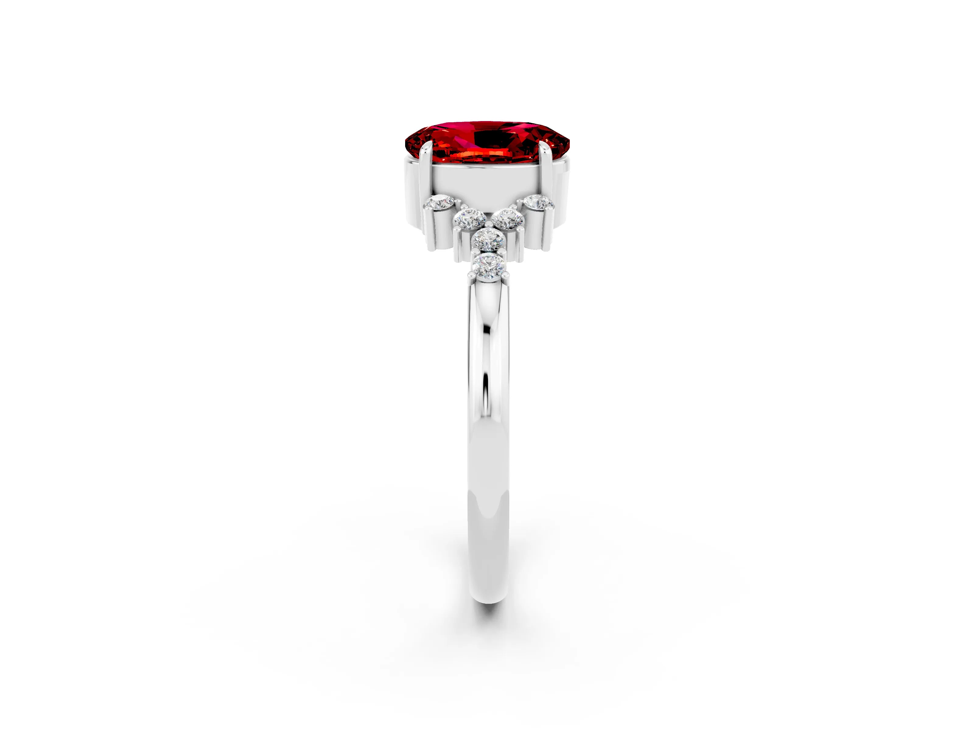 White gold Oval Cut Ruby Ring with Side Stones and Four-Prong Setting_121