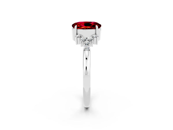 Platinum Oval Cut Ruby Ring with Side Stones and Four-Prong Setting