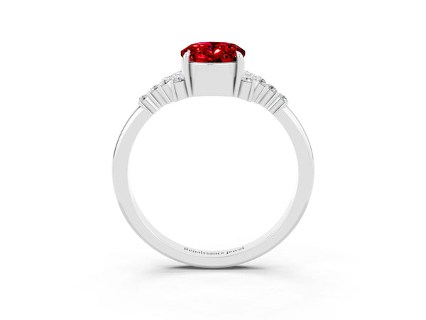 Platinum Oval Cut Ruby Ring with Side Stones and Four-Prong Setting