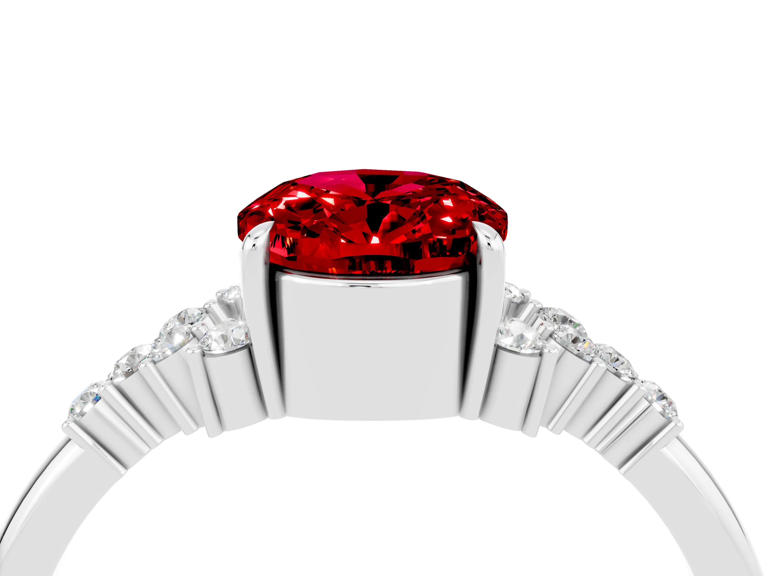 White gold Oval Cut Ruby Ring with Side Stones and Four-Prong Setting_123
