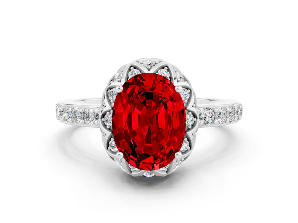 White gold Oval Cut Ruby Scalloped Halo Engagement Ring with Round Shared Prong Band