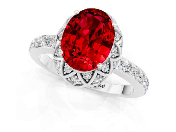 Platinum Oval Cut Ruby Scalloped Halo Engagement Ring with Round Shared Prong Band