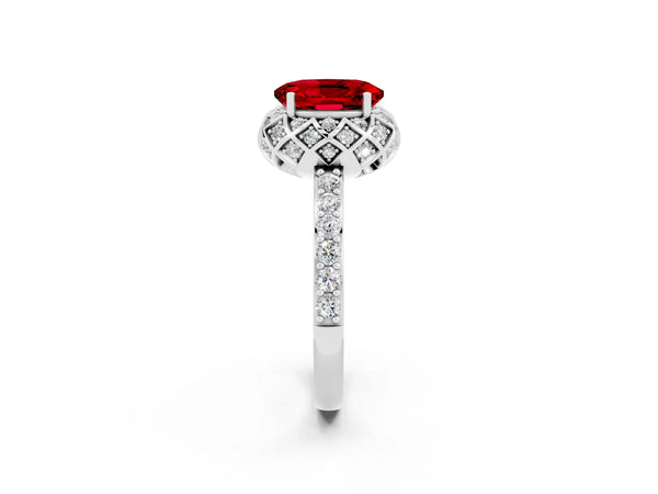 White gold Oval Cut Ruby Scalloped Halo Engagement Ring with Round Shared Prong Band