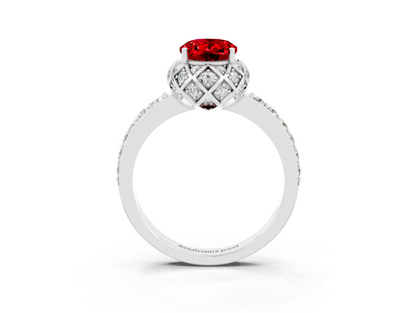 Platinum Oval Cut Ruby Scalloped Halo Engagement Ring with Round Shared Prong Band