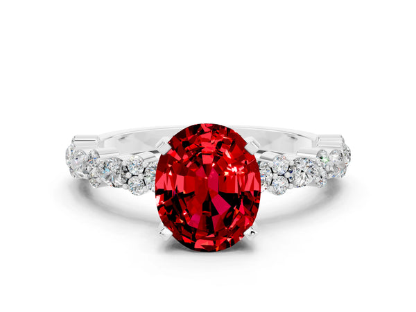 White gold Oval Cut Ruby Side Stone Solitaire Ring with Round  and Four-Prong Setting