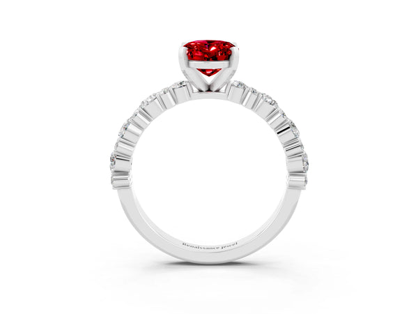 White gold Oval Cut Ruby Side Stone Solitaire Ring with Round  and Four-Prong Setting