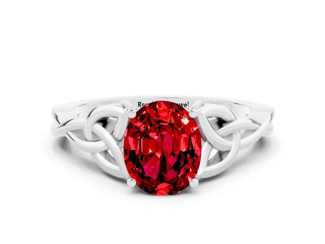 White gold Oval Cut Ruby Solitaire Celtic Knot Ring with Four-Prong Setting_12