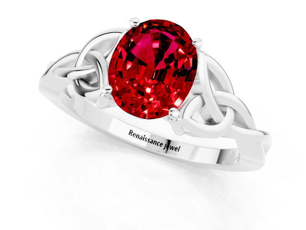 Platinum Oval Cut Ruby Solitaire Celtic Knot Ring with Four-Prong Setting