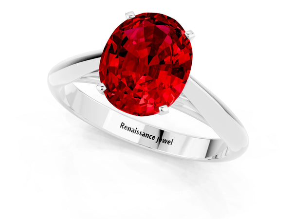 White gold Oval Cut Ruby Solitaire Engagement Ring with Cathedral Setting and Four-Prong Mount