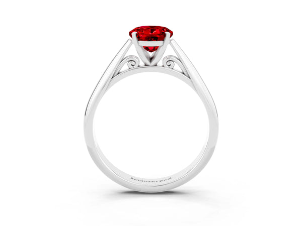 White gold Oval Cut Ruby Solitaire Engagement Ring with Cathedral Setting and Four-Prong Mount