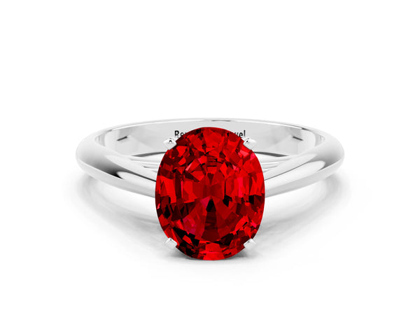 Platinum Oval Cut Ruby Solitaire Engagement Ring with Cathedral Setting and Four-Prong Mount