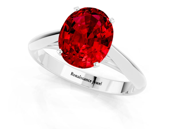 White gold Oval Cut Ruby Solitaire Engagement Ring with Cathedral Setting and Four-Prong Mount