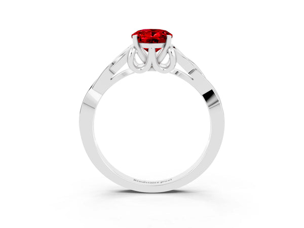 Platinum Oval Cut Ruby Solitaire Engagement Ring with Celtic Knot Band and Four-Prong Setting