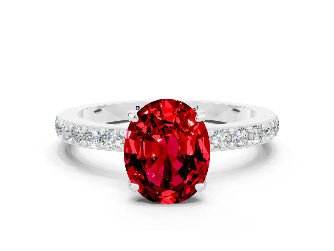 White gold Oval Cut Ruby Solitaire Engagement Ring with Pavé Band and Four-Prong Setting
