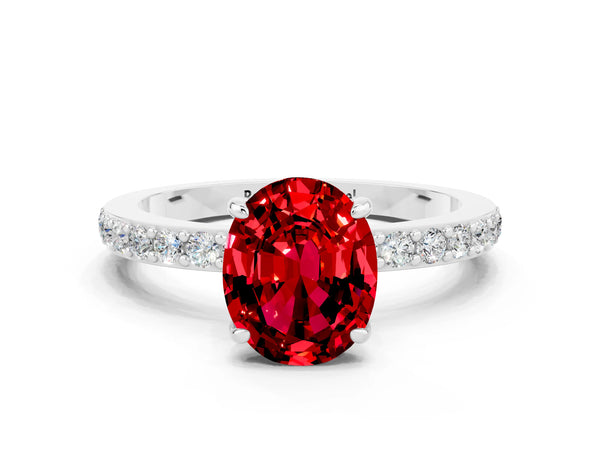 White gold Oval Cut Ruby Solitaire Engagement Ring with Pavé Band and Four-Prong Setting