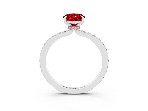 Silver Oval Cut Ruby Solitaire Engagement Ring with Pavé Band and Four-Prong Setting