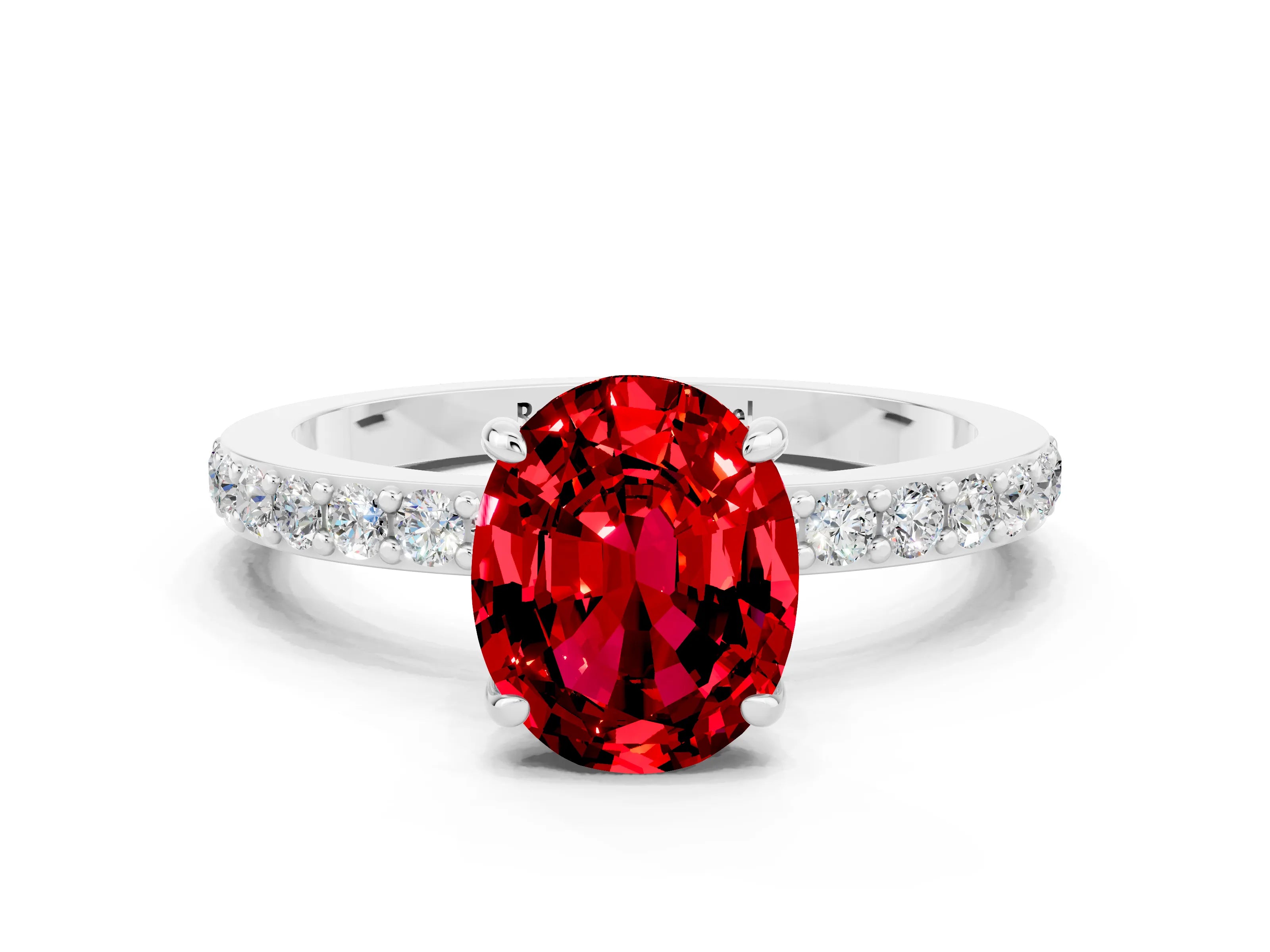White gold Oval Cut Ruby Solitaire Engagement Ring with Pavé Band and Four-Prong Setting