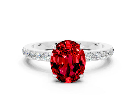 White gold Oval Cut Ruby Solitaire Engagement Ring with Pavé Band and Four-Prong Setting