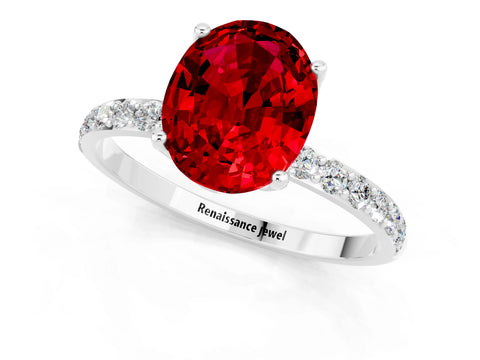 White gold Oval Cut Ruby Solitaire Engagement Ring with Pavé Band and Prong Setting_1