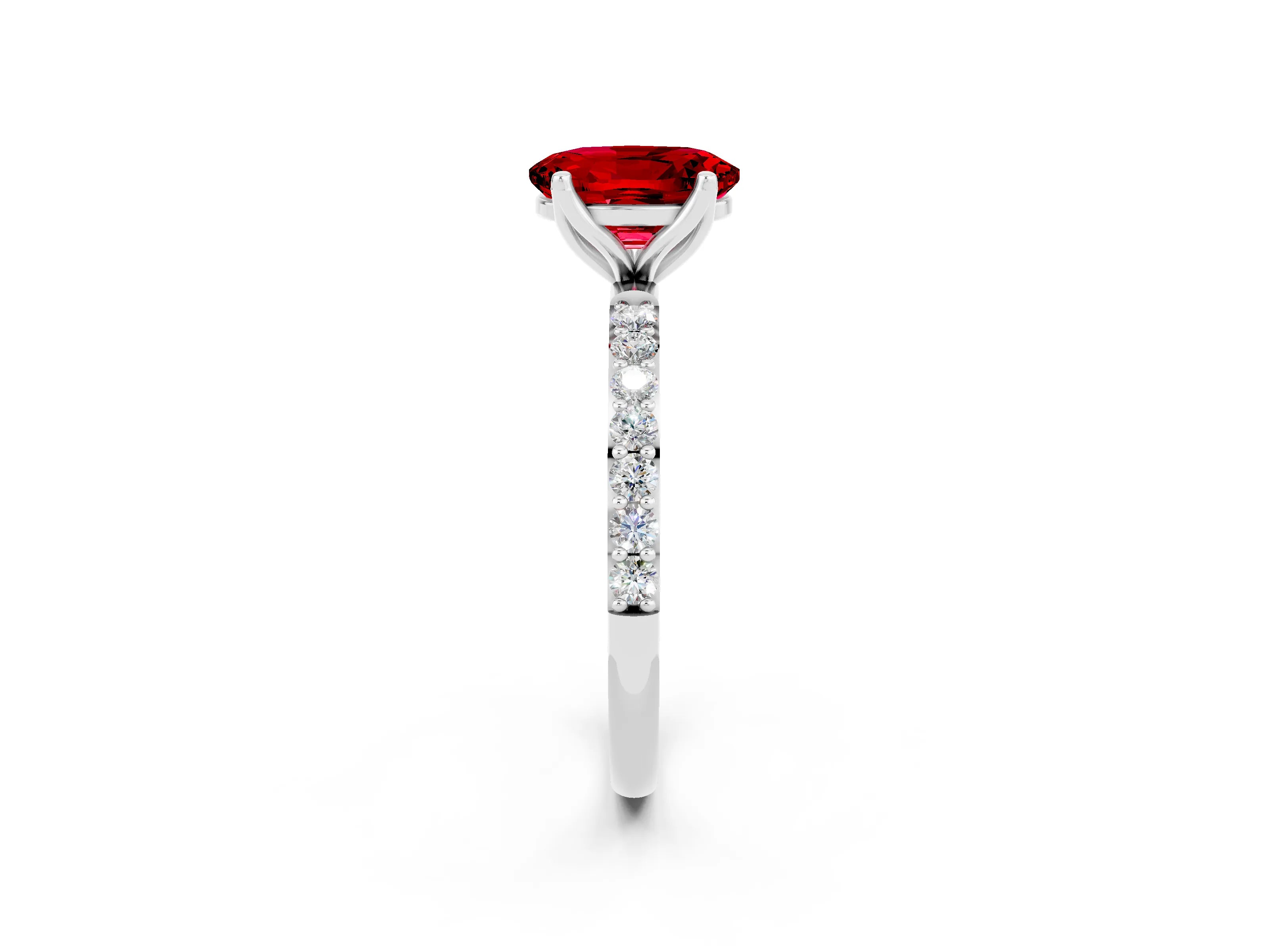 White gold Oval Cut Ruby Solitaire Engagement Ring with Pavé Band and Prong Setting_2