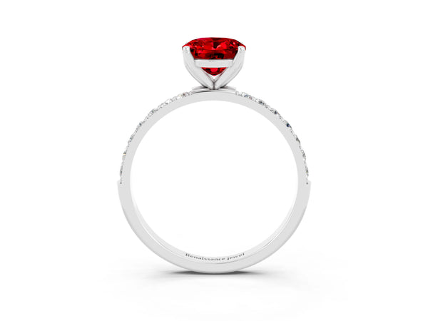 Platinum Oval Cut Ruby Solitaire Engagement Ring with Round  Pavé Band and Prong Setting