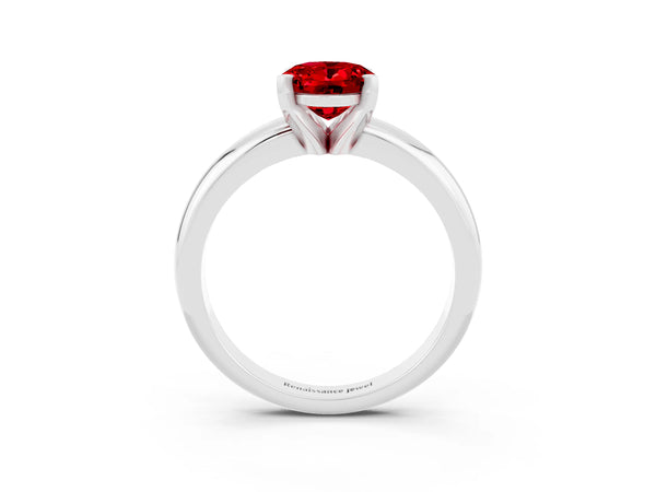 Platinum Oval Cut Ruby Solitaire Engagement Ring with Round Band and Four-Prong Setting