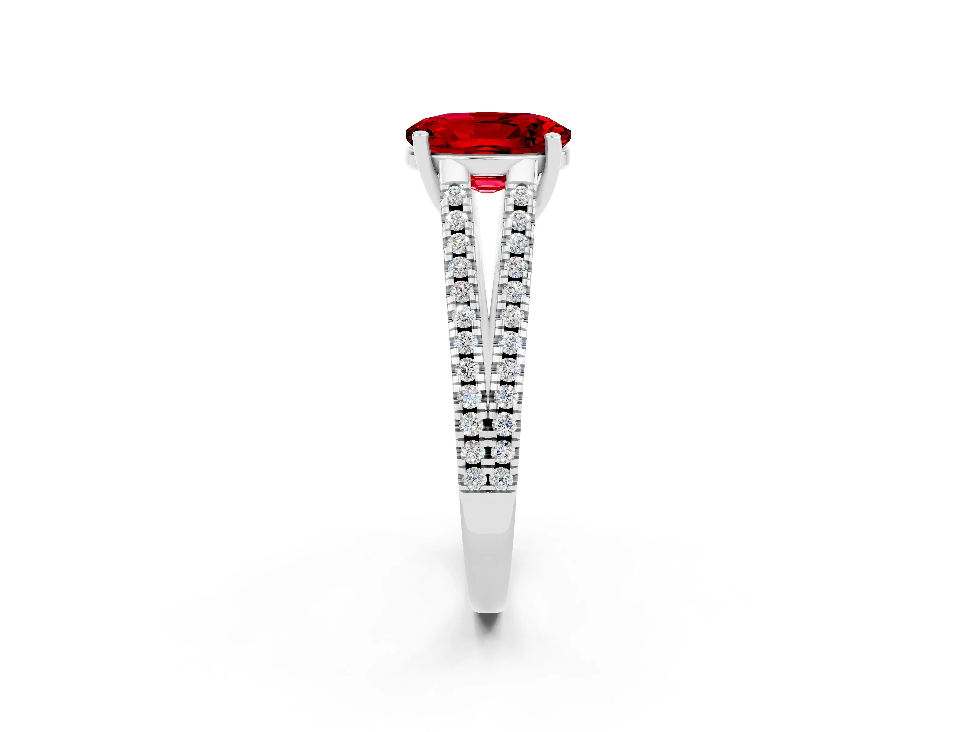 White gold Oval Cut Ruby Solitaire Engagement Ring with Split Shank Pavé Band_2