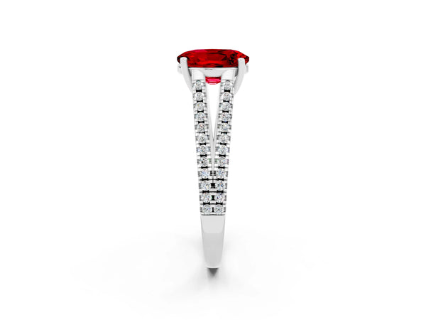 Platinum Oval Cut Ruby Solitaire Engagement Ring with Split Shank Pavé Band