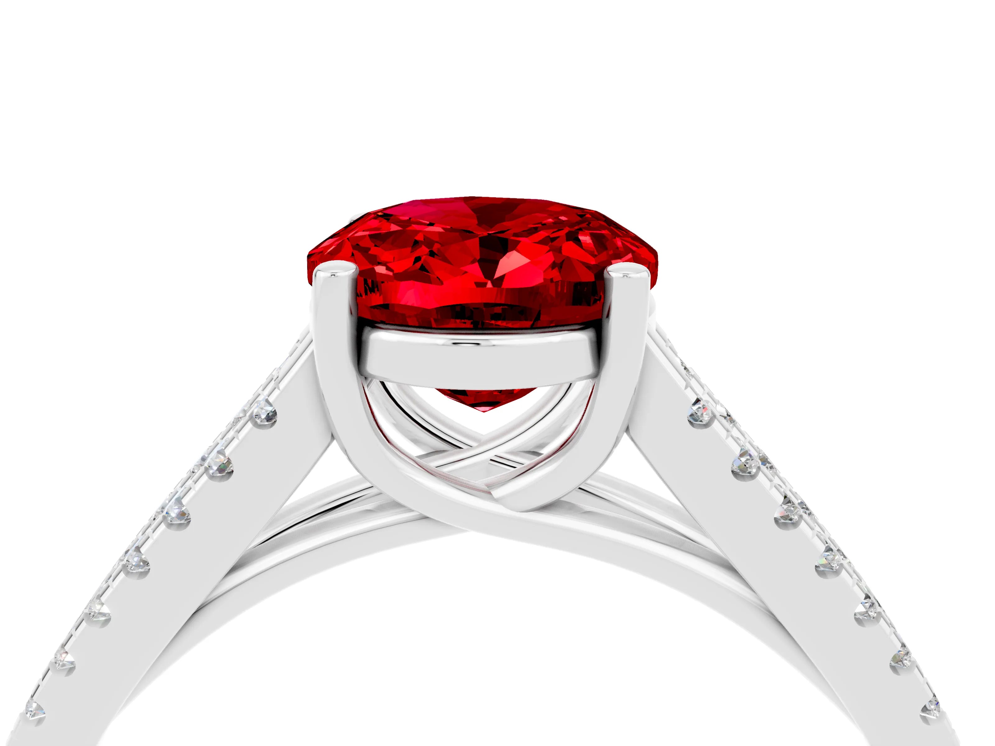 White gold Oval Cut Ruby Solitaire Engagement Ring with Split Shank Pavé Band_4