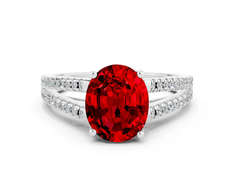White gold Oval Cut Ruby Solitaire Engagement Ring with Split Shank Pavé Band