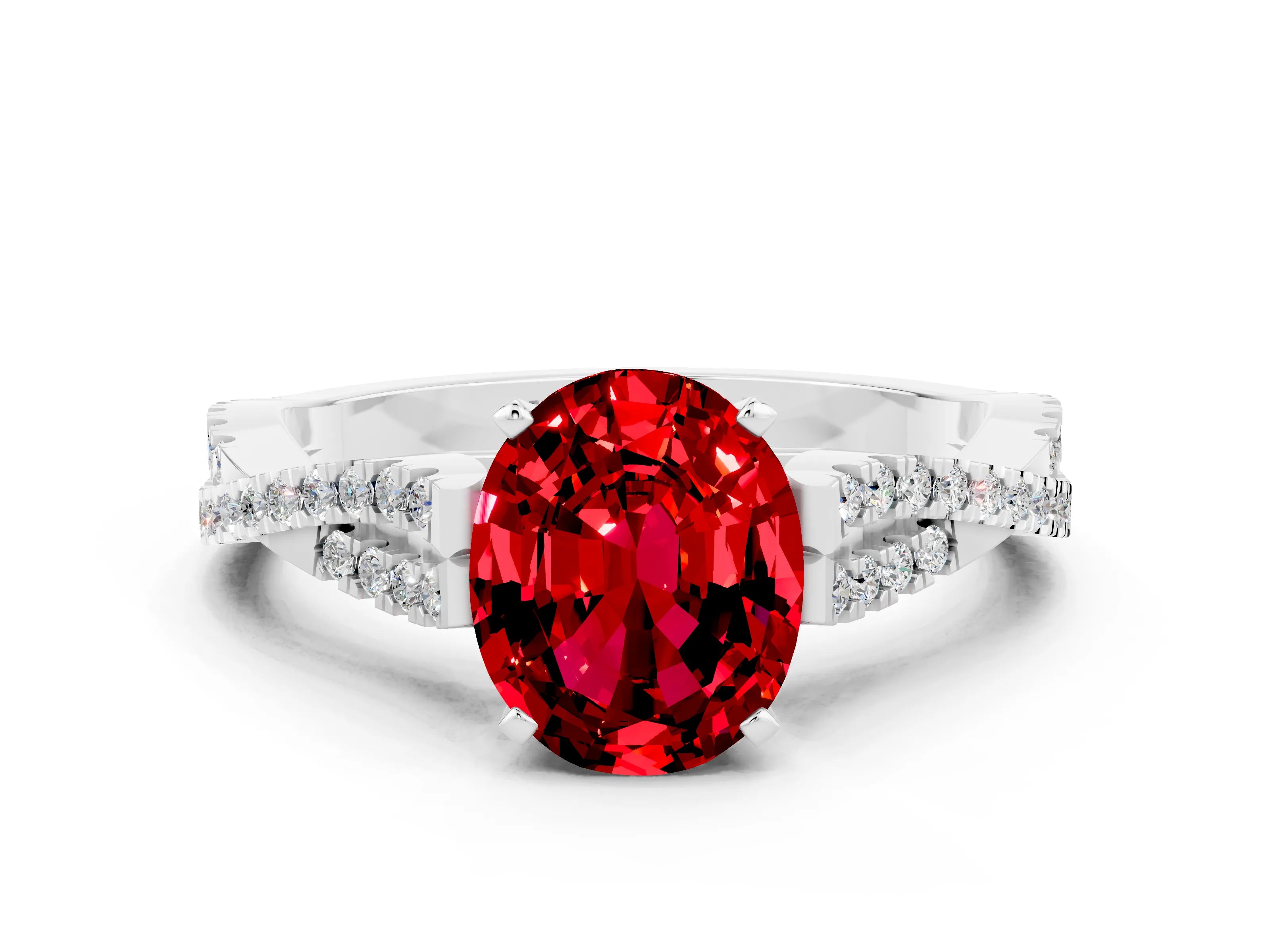 White gold Oval Cut Ruby Solitaire Engagement Ring with Twisted Pavé Band and Four-Prong Setting