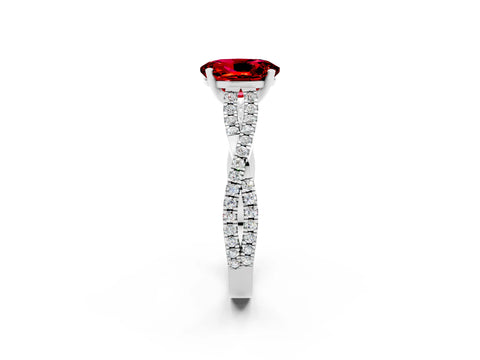 White gold Oval Cut Ruby Solitaire Engagement Ring with Twisted Pavé Band and Four-Prong Setting_2
