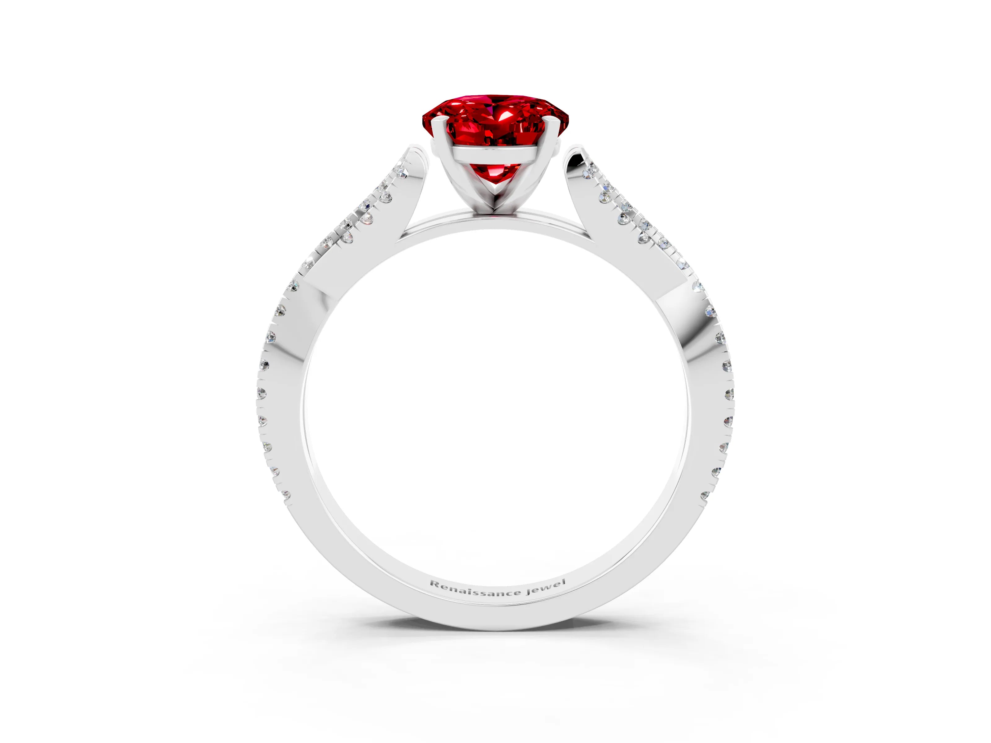 White gold Oval Cut Ruby Solitaire Engagement Ring with Twisted Pavé Band and Four-Prong Setting_3