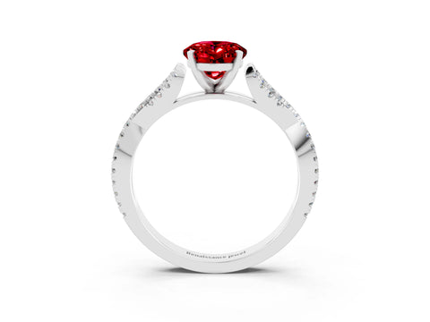 White gold Oval Cut Ruby Solitaire Engagement Ring with Twisted Pavé Band and Four-Prong Setting_3