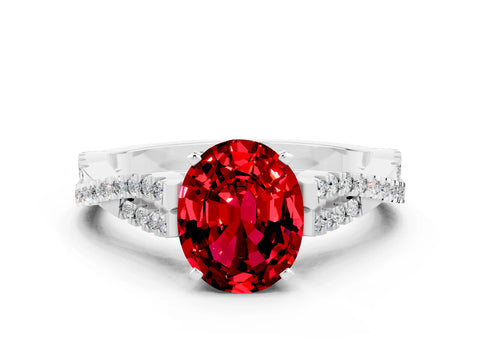 White gold Oval Cut Ruby Solitaire Engagement Ring with Twisted Pavé Band and Four-Prong Setting