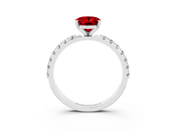 Platinum Oval Cut Ruby Solitaire Pavé Band with Four-Prong Setting