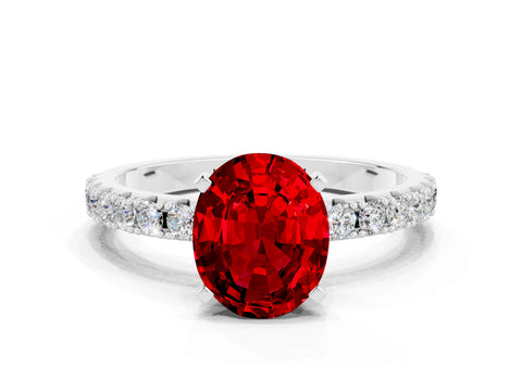 White gold Oval Cut Ruby Solitaire Pavé Band with Four-Prong Setting
