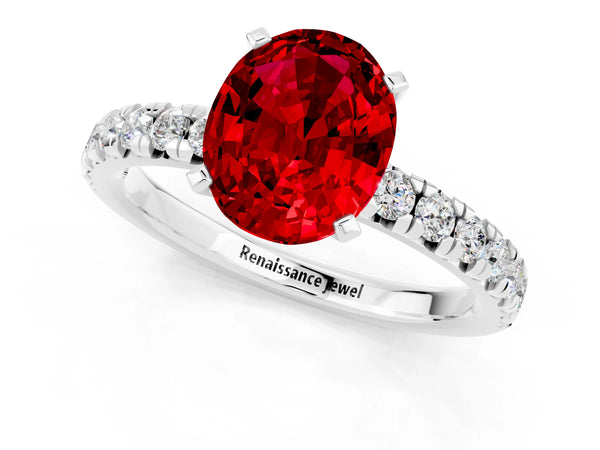 White gold Oval Cut Ruby Solitaire Pavé Engagement Ring with Round Band and Prong Setting