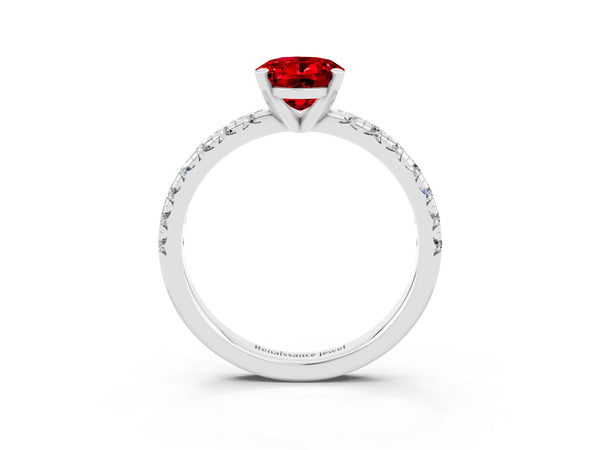 Silver Oval Cut Ruby Solitaire Pavé Engagement Ring with Round Band and Prong Setting