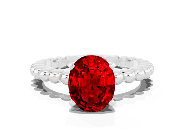 White gold Oval Cut Ruby Solitaire Ring with Beaded Band and Prong Setting