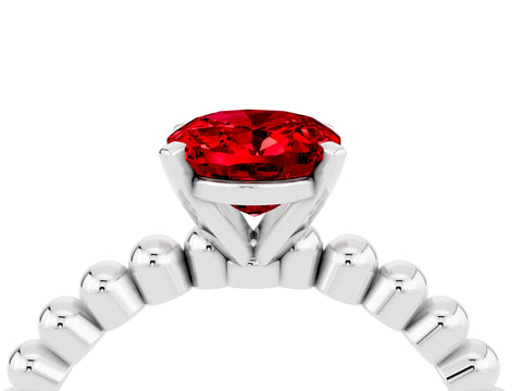 White gold Oval Cut Ruby Solitaire Ring with Beaded Band and Prong Setting_16