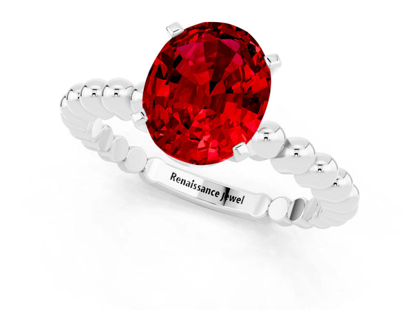 Silver Oval Cut Ruby Solitaire Ring with Beaded Band and Prong Setting