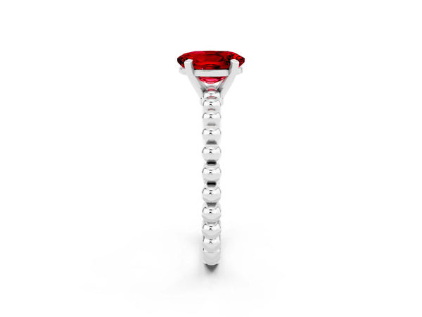 Platinum Oval Cut Ruby Solitaire Ring with Beaded Band and Prong Setting