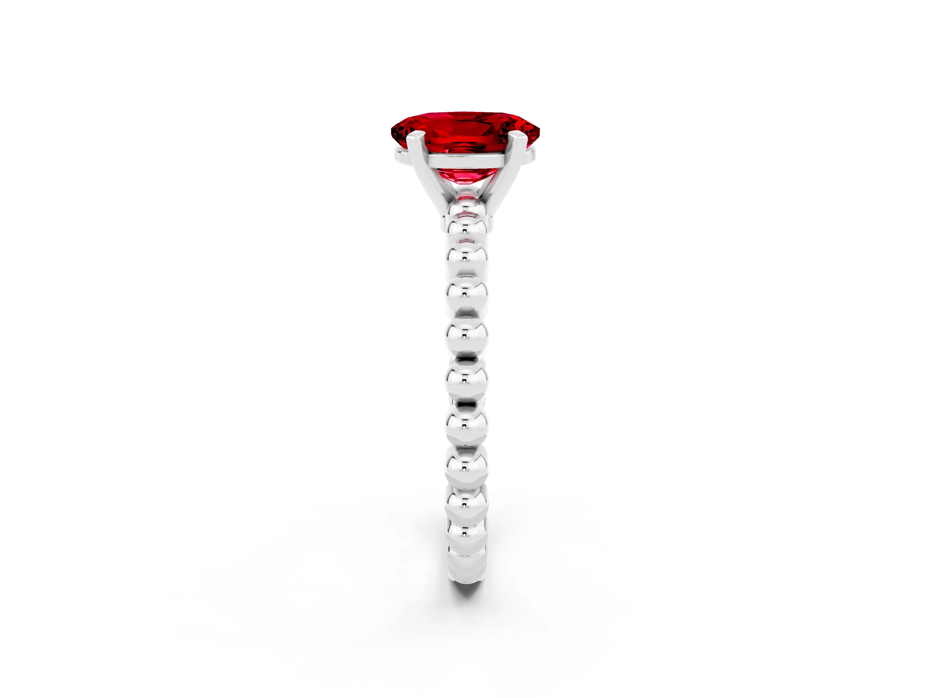 White gold Oval Cut Ruby Solitaire Ring with Beaded Band and Prong Setting_2