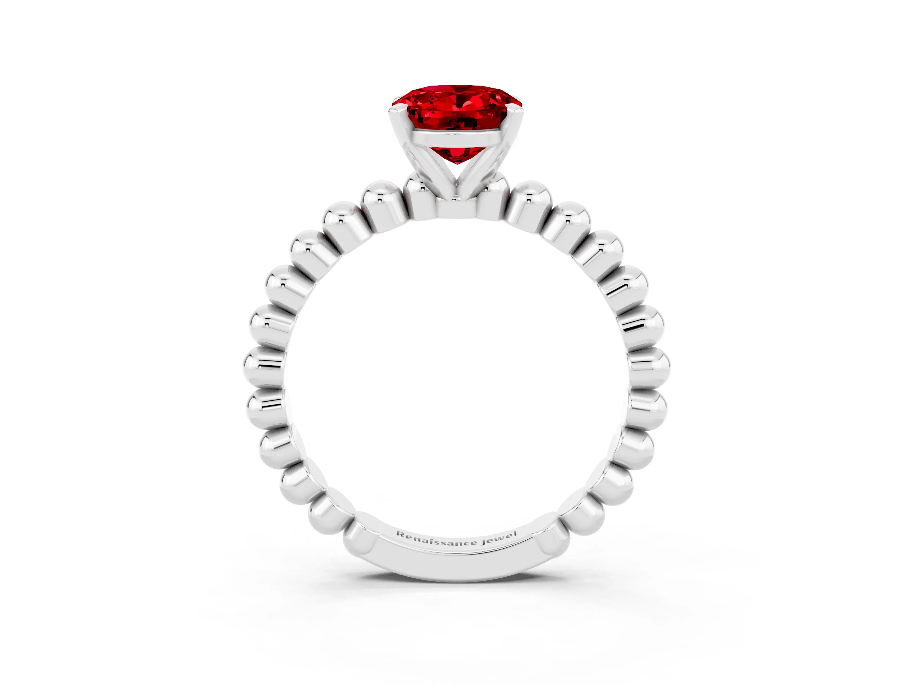 White gold Oval Cut Ruby Solitaire Ring with Beaded Band and Prong Setting_3