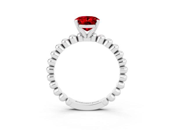 Silver Oval Cut Ruby Solitaire Ring with Beaded Band and Prong Setting