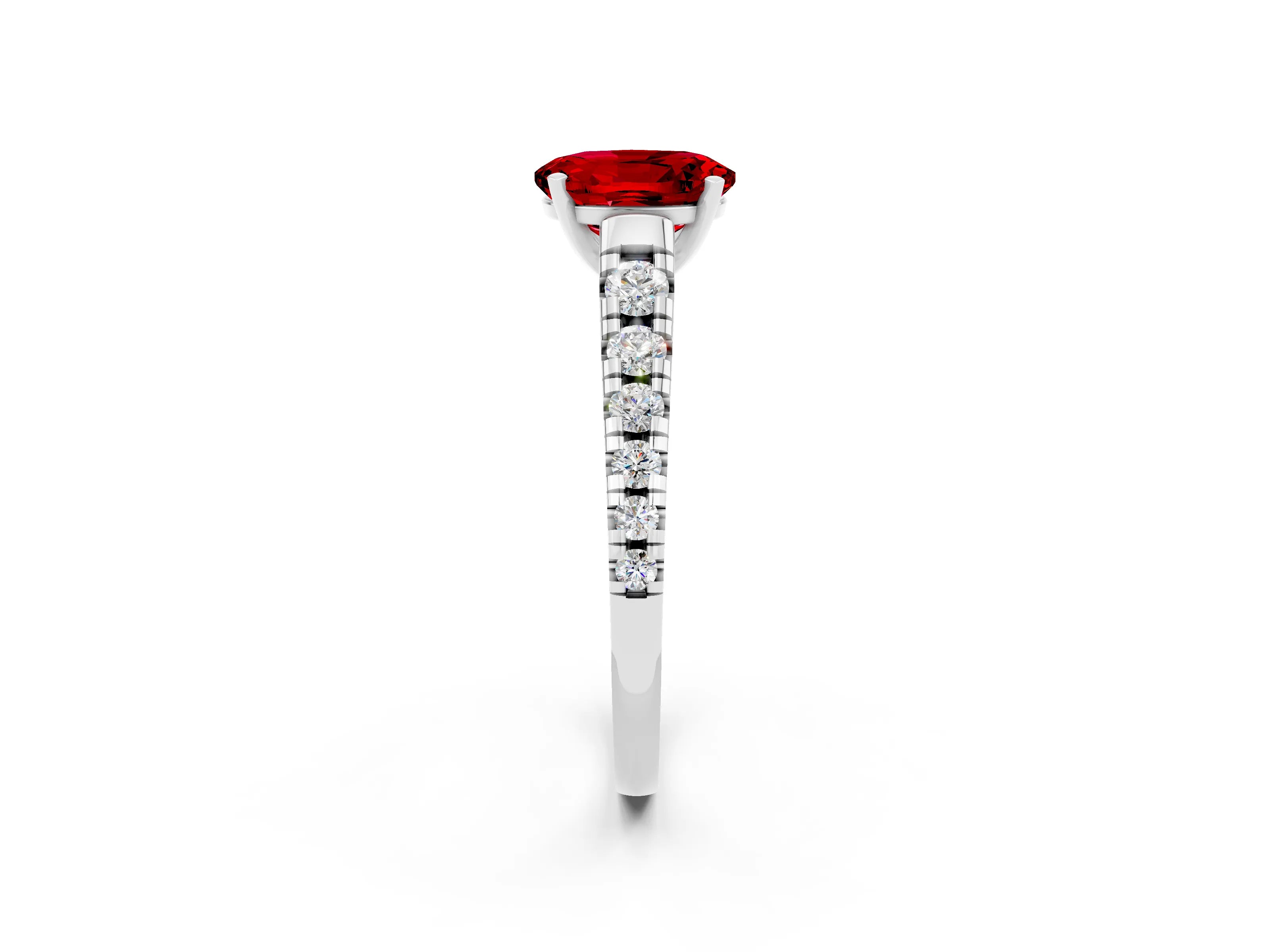 White gold Oval Cut Ruby Solitaire Ring with Cathedral Setting and Pavé Band_2